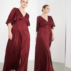 ASOS EDITION Curve satin flutter sleeve maxi dress with button front in wine